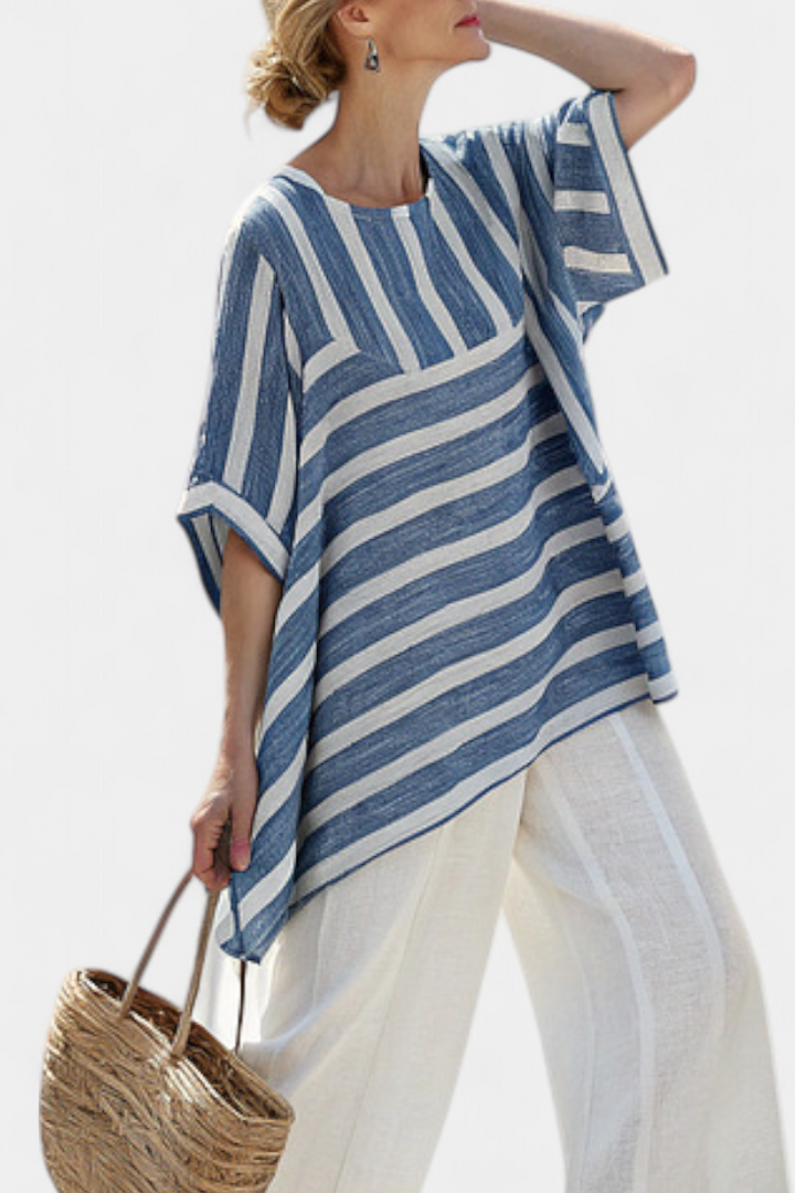 Alexa | Elegantes blau gestreiftes Oberteil & Hosen mit Saumdetails