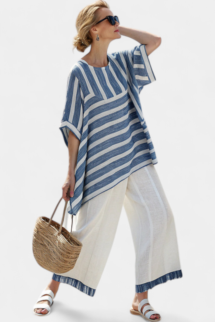 Alexa | Elegantes blau gestreiftes Oberteil & Hosen mit Saumdetails