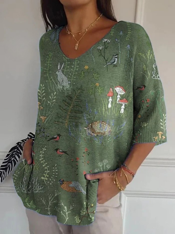 Margaret | Bedruckter Pullover mit Wald- und Tiermotiv für Damen
