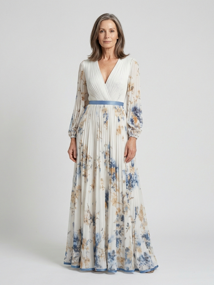 Lavinia | Langärmliges V-Ausschnitt Blumenkleid
