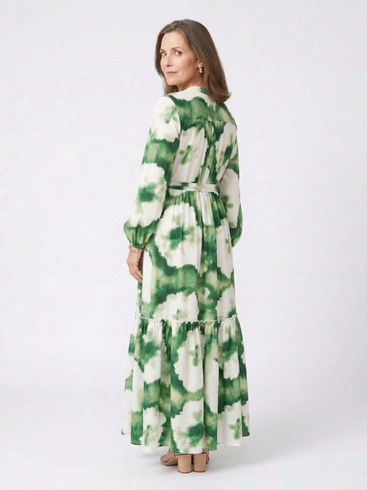 Sabine | Langärmliges Maxikleid mit Taillengürtel und Stufenrock