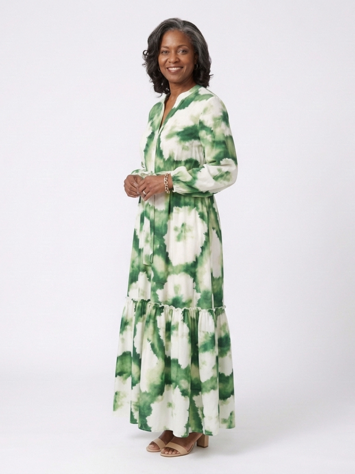 Sabine | Langärmliges Maxikleid mit Taillengürtel und Stufenrock