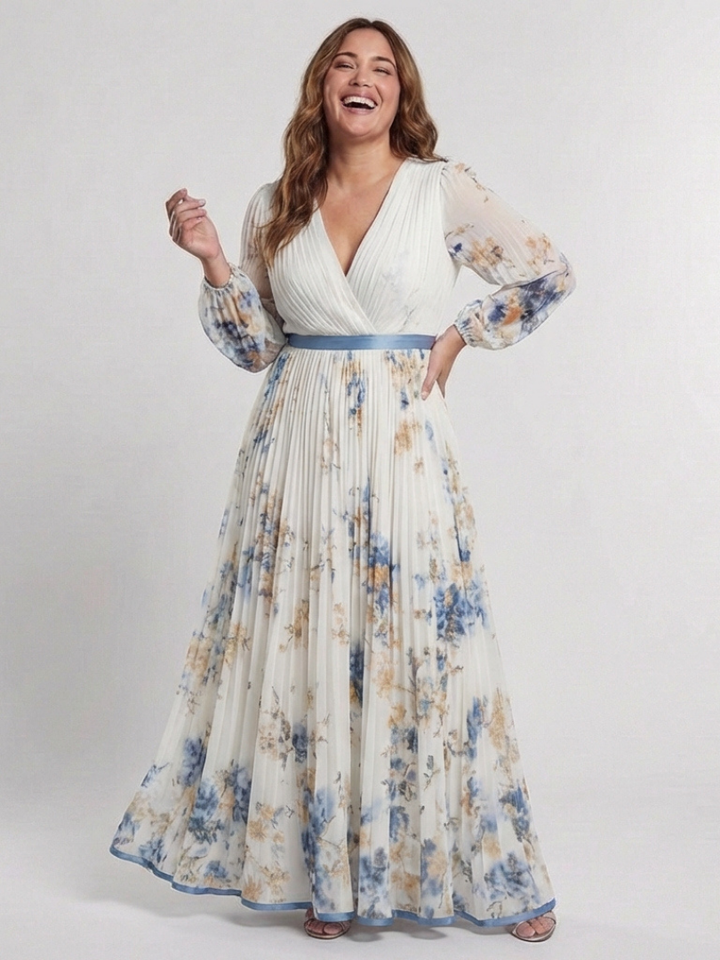 Lavinia | Langärmliges V-Ausschnitt Blumenkleid