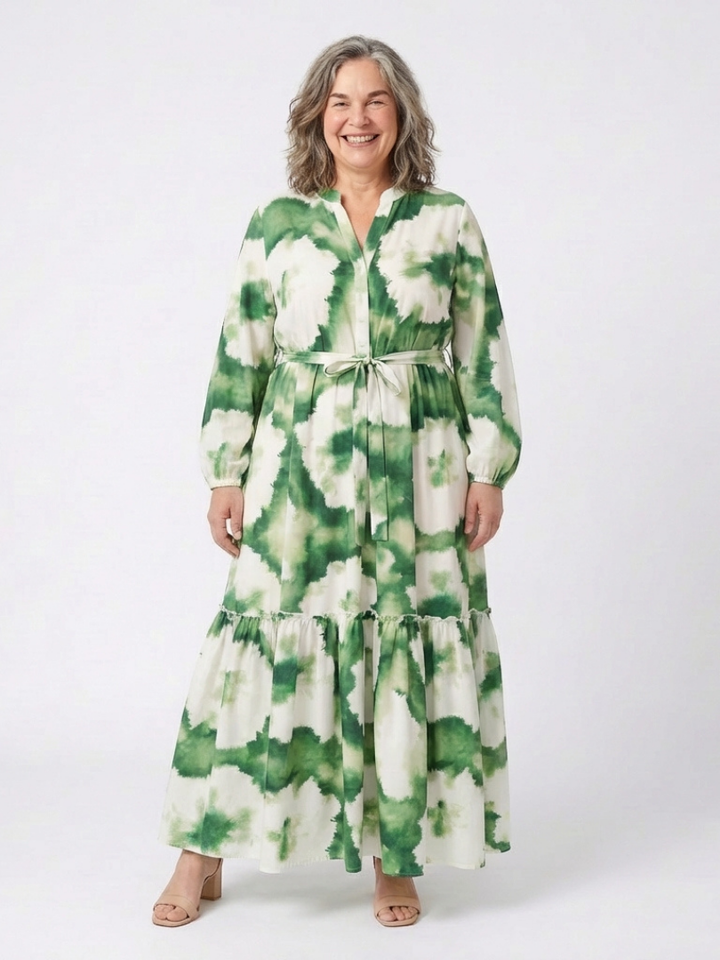 Sabine | Langärmliges Maxikleid mit Taillengürtel und Stufenrock