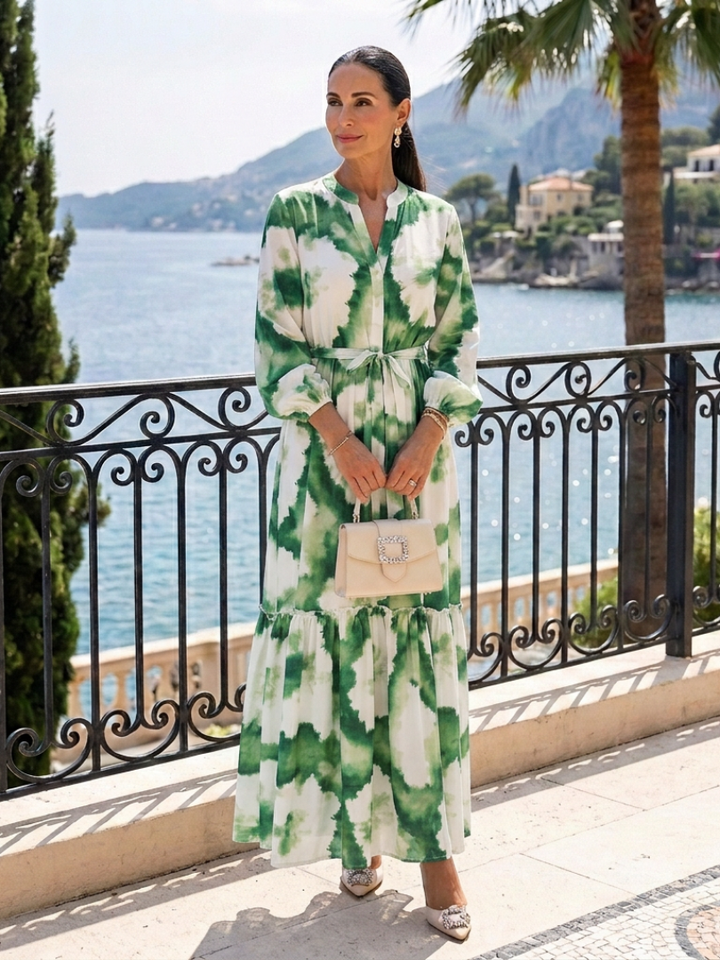 Sabine | Langärmliges Maxikleid mit Taillengürtel und Stufenrock
