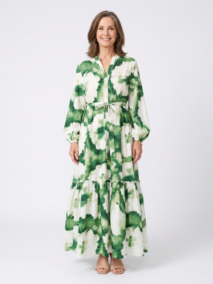 Sabine | Langärmliges Maxikleid mit Taillengürtel und Stufenrock