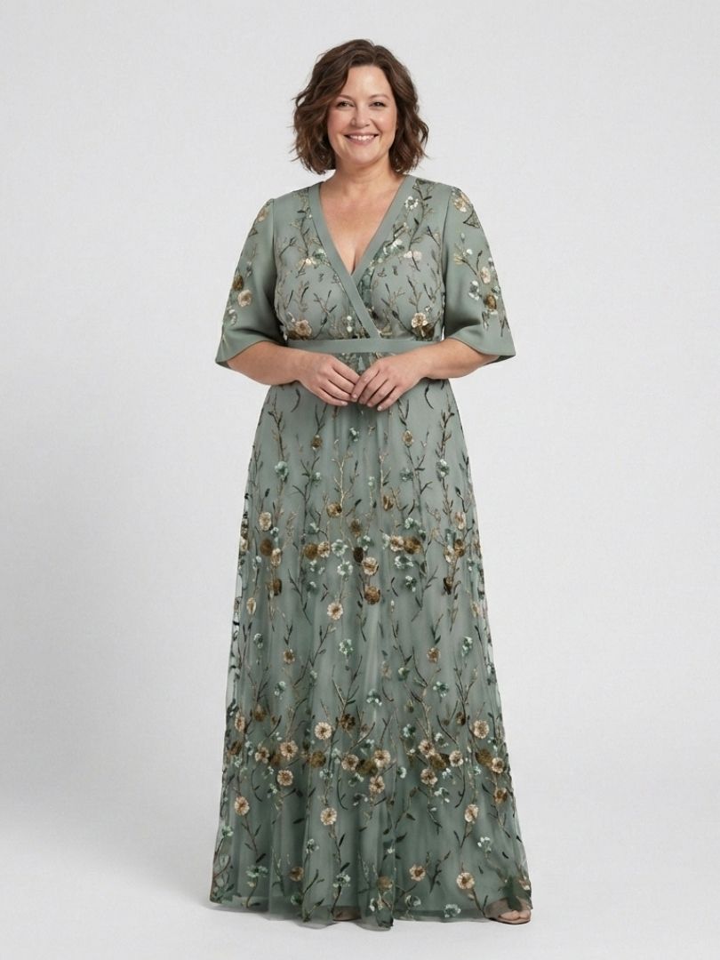 Evadne | Floral V-Ausschnitt Kurzarm Maxikleid