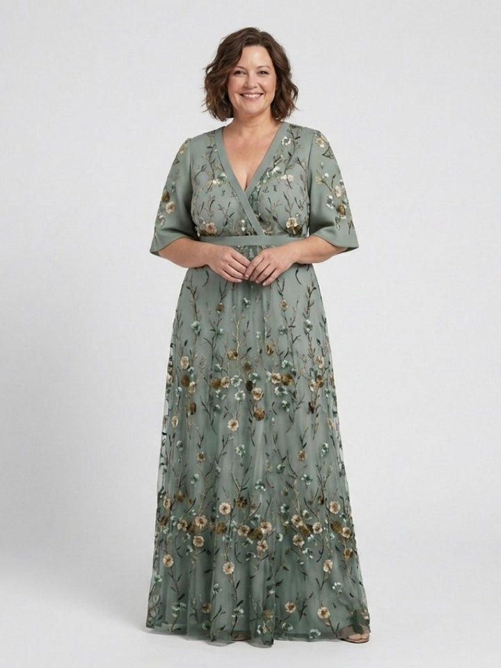 Evadne | Floral V-Ausschnitt Kurzarm Maxikleid