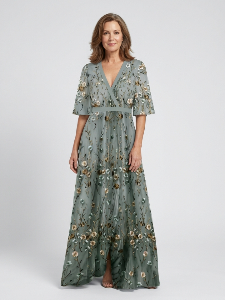 Evadne | Floral V-Ausschnitt Kurzarm Maxikleid