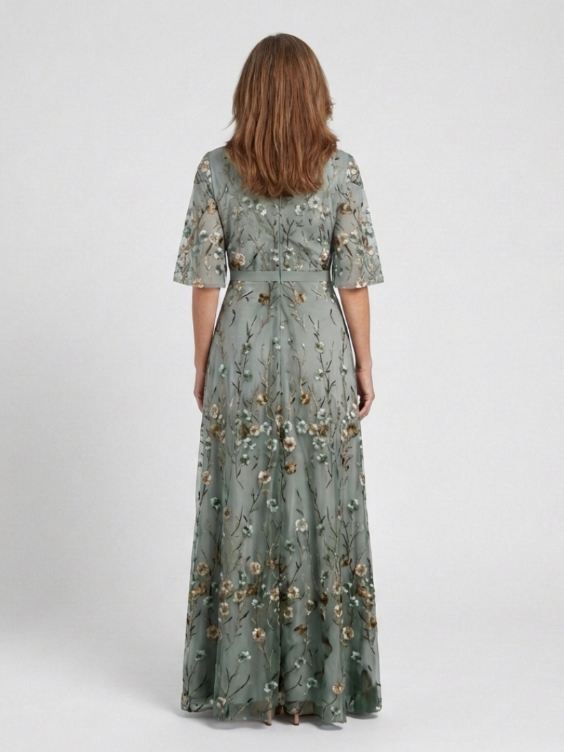 Evadne | Floral V-Ausschnitt Kurzarm Maxikleid