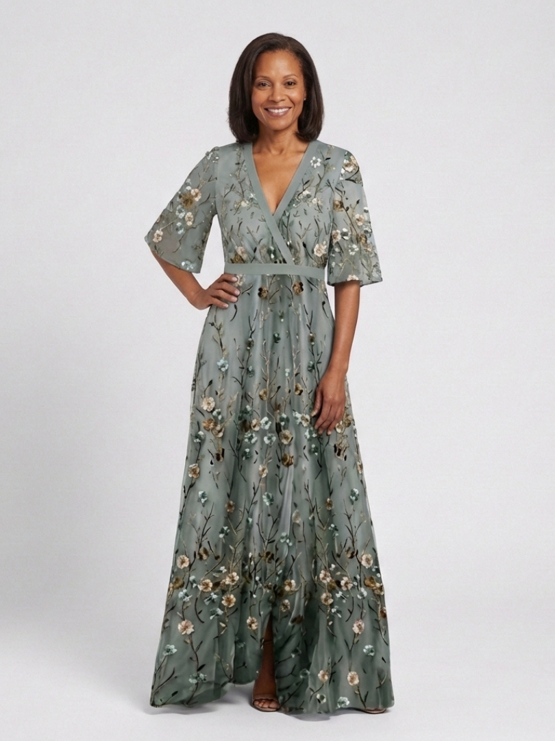 Evadne | Floral V-Ausschnitt Kurzarm Maxikleid
