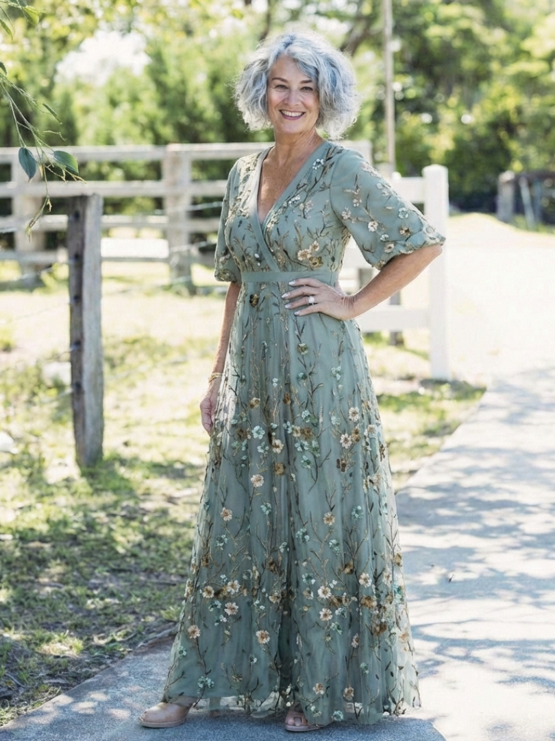 Evadne | Floral V-Ausschnitt Kurzarm Maxikleid