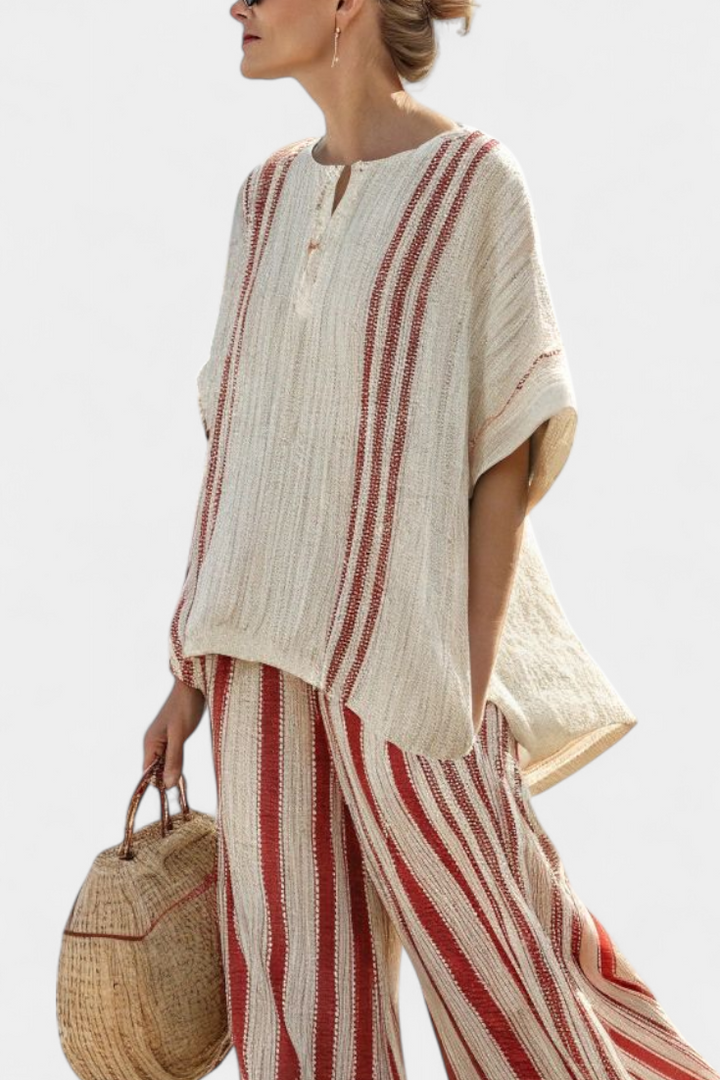 Kendall | Elegantes Texturiertes Top mit Roten Streifen & Leinenhose