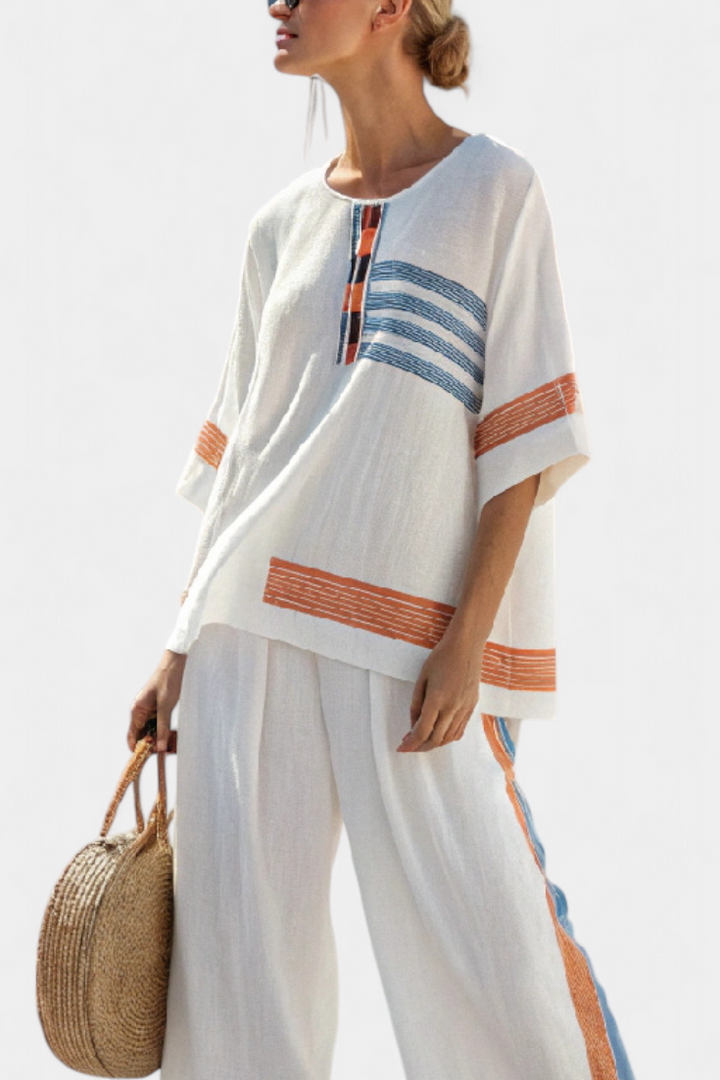 Emilia | Elegantes Blau-Orange Gestreiftes Oberteil & Hosen