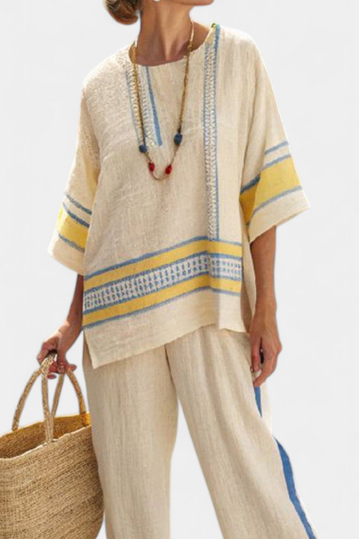 Clara | Bequemes Blau-Gelbes Mediterranes Top & Leinenhosen
