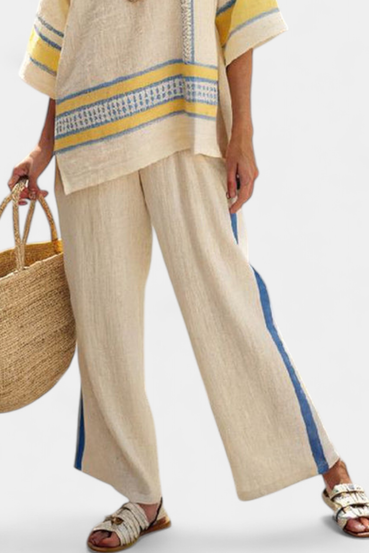 Clara | Bequemes Blau-Gelbes Mediterranes Top & Leinenhosen