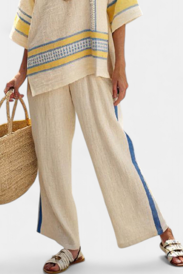 Clara | Bequemes Blau-Gelbes Mediterranes Top & Leinenhosen