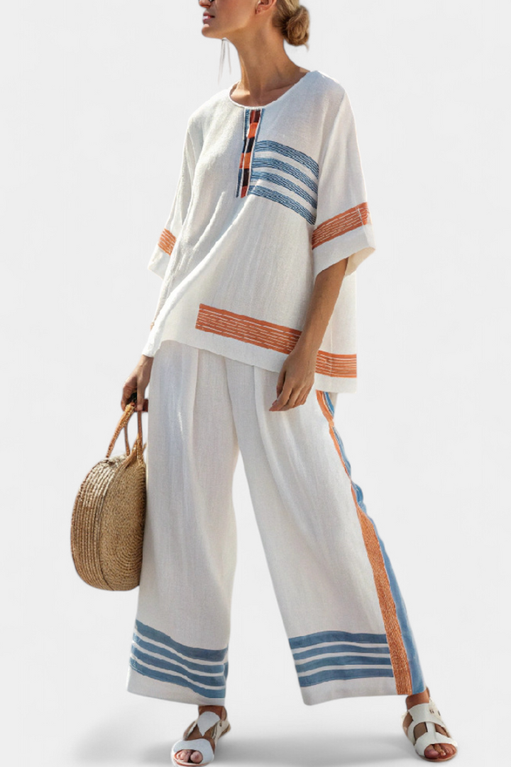Emilia | Elegantes Blau-Orange Gestreiftes Oberteil & Hosen