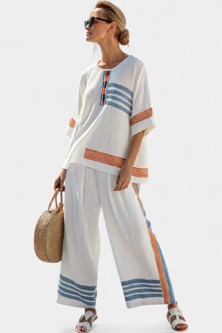 Emilia | Elegantes Blau-Orange Gestreiftes Oberteil & Hosen