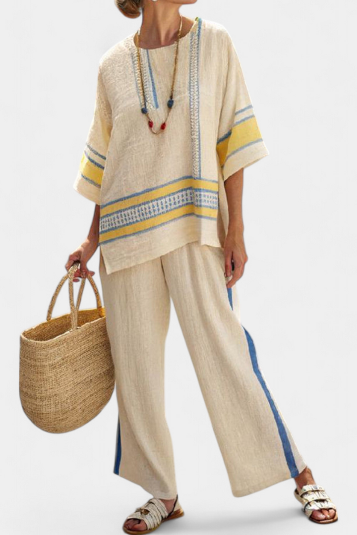 Clara | Bequemes Blau-Gelbes Mediterranes Top & Leinenhosen