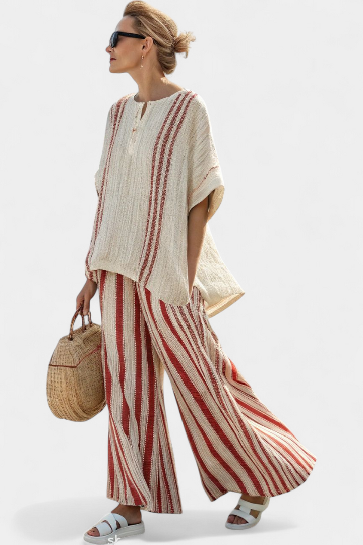Kendall | Elegantes Texturiertes Top mit Roten Streifen & Leinenhose