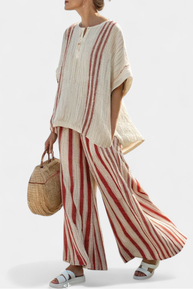 Kendall | Elegantes Texturiertes Top mit Roten Streifen & Leinenhose