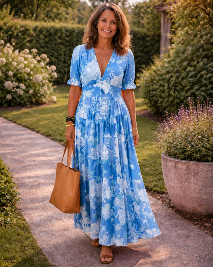Karin | Kurzes ärmelloses V-Ausschnitt Blumen-Midi-Kleid